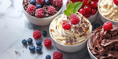 Delicious dessert bowls filled with cream, fresh berries, and chocolate shavings on a marble countertop at a summer gathering photo