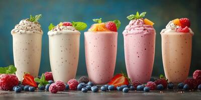 Colorful array of fruit smoothies presented on a dark table with fresh berries and mint leaves in a cozy atmosphere photo