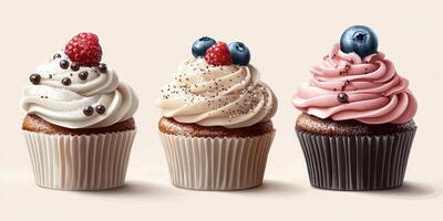 Delicious selection of gourmet cupcakes decorated with fresh berries and unique icing on a neutral background photo