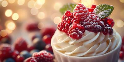 Delicious dessert with whipped cream topped with fresh raspberries and blueberries in a cozy setting photo