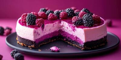 Vibrant berry cheesecake with a creamy filling and rich crust served on a dark plate against a colorful backdrop photo