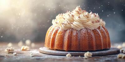 Delightful bundt cake topped with creamy frosting and decorative sprinkles in a cozy setting on a chilly day photo