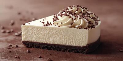Creamy cheesecake slice with chocolate shavings on a brown surface photo