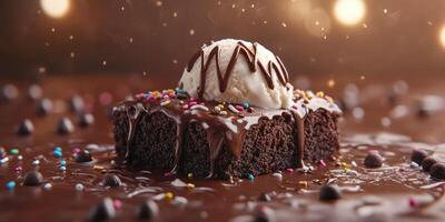 Decadent chocolate brownie topped with vanilla ice cream and chocolate drizzle served at a dessert event photo