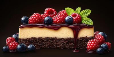 Delicious layered dessert topped with fresh raspberries, blueberries, and mint leaves on a dark background photo