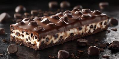 Chocolate bar with creamy filling and cookie pieces displayed on a dark surface garnished with chocolate chips photo