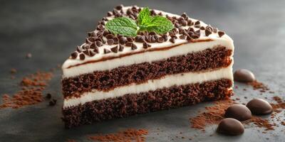 Delicious chocolate cake slice layered with creamy frosting and chocolate chips displayed on a dark stone surface photo