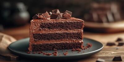 Layers of rich chocolate cake served on a dark plate with a cozy rustic backdrop photo
