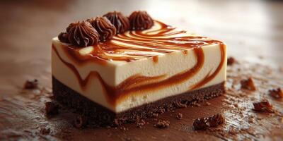 Delicious dessert with layers of creamy texture, chocolate crust, and a caramel swirl served on a wooden table photo