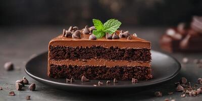 Delicious chocolate cake slice with creamy frosting and chocolate chips served on a black plate photo