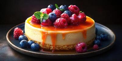 Delicious cheesecake topped with fresh berries and caramel drizzle on a dark plate photo