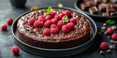 Decadent chocolate cake topped with fresh raspberries on a dark wooden table photo