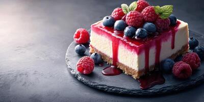Delicious cheesecake topped with fresh raspberries and blueberries served on a dark slate plate photo
