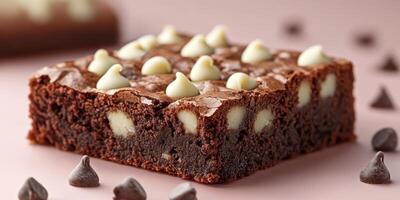 Decadent chocolate brownie with white chocolate chips on a clean pink background photo