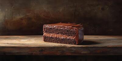 Rich chocolate cake sits on a rustic wooden table, highlighting its moist layers and glossy frosting photo