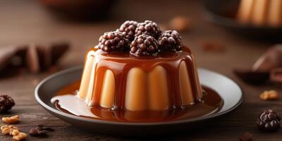Delicious chocolate dessert with blackberries served on a dark plate at a cozy dining table photo