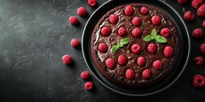 Delicious chocolate cake topped with fresh raspberries and mint leaves set against a dark background in a cozy kitchen setting photo