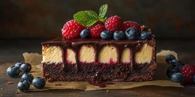 Decadent chocolate brownie dessert with creamy cheesecake and fresh berries garnished in a stylish presentation photo