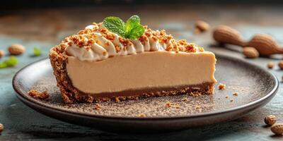 Creamy pie slice with a crumbly crust and mint garnish served on a black plate photo