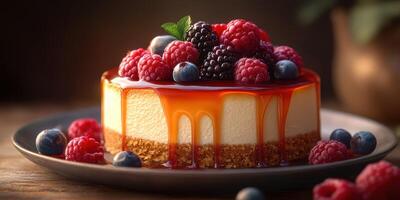 Decadent cheesecake topped with fresh berries in a rustic setting during daylight photo