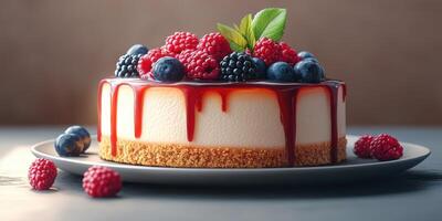 Decadent cheesecake topped with fresh berries and raspberry sauce on a dark wooden table photo