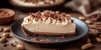 Delicious slice of creamy dessert topped with chocolate and peanuts on a rustic wooden table photo
