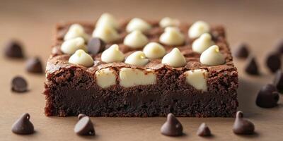 Mouthwatering chocolate brownie squares topped with white chocolate chips and surrounded by chocolate chips photo