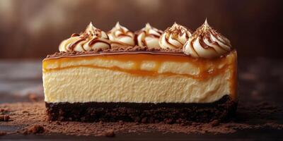 Layered dessert with rich caramel and chocolate topping presented on a dark wooden surface photo