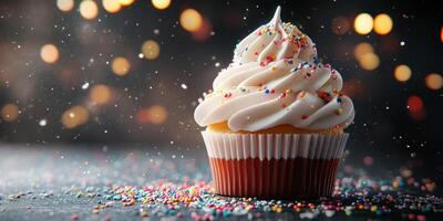 Delicious cupcake with creamy frosting and colorful sprinkles against a bokeh background of festive lights photo