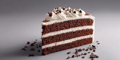 Delicious chocolate layer cake with whipped cream and chocolate shavings for a delightful dessert photo