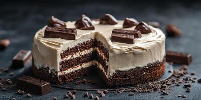 Delicious chocolate cake with creamy frosting and chocolate pieces on a dark surface photo