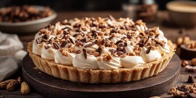 Delicious cream pie topped with crushed nuts and chocolate in a cozy kitchen setting photo