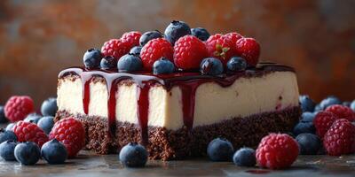Decadent dessert with fresh berries and chocolate drizzle on a rustic background photo