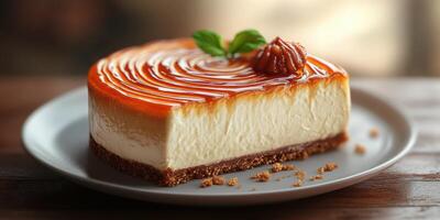 Delicious cheesecake topped with caramel syrup and decorative mint leaf on a rustic table setting photo