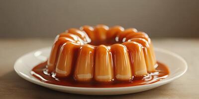 Flan dessert served on a white plate with caramel sauce in a warm setting photo