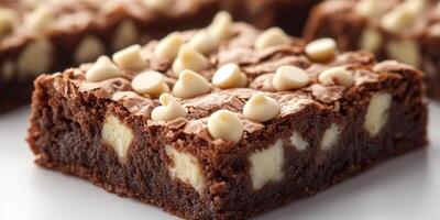 Delicious brownie squares with white chocolate chips and rich cocoa flavor displayed on a clean surface photo