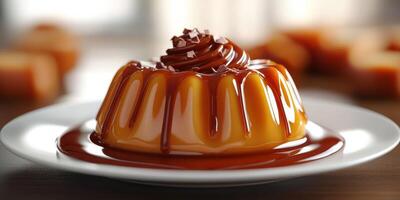 Delicious caramel flan with chocolate topping served on a white plate in a cozy kitchen photo