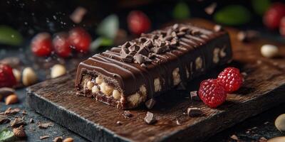 Delicious chocolate dessert with nuts and raspberries on a wooden board in a stylish kitchen setting photo