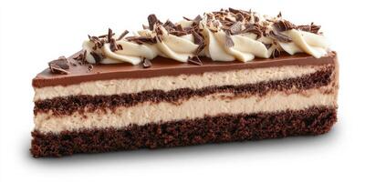 Delicious layered chocolate cake with creamy frosting and chocolate shavings served on a white background photo