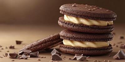 Chocolate cookies with creamy filling and chocolate chips arranged on a beige background photo
