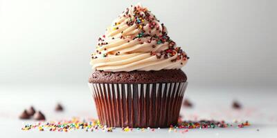Delicious chocolate cupcake topped with creamy frosting and colorful sprinkles placed on a clean surface photo