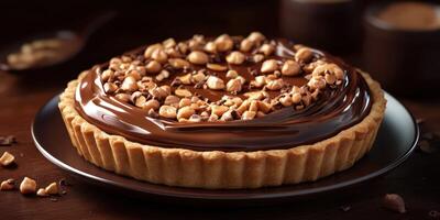 Chocolate peanut butter tart with crushed nuts on top sits elegantly on a dark plate in a warm setting photo