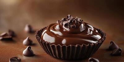 Decadent dark chocolate dessert garnished with chocolate chips on a smooth chocolate surface photo