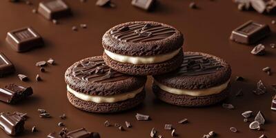 Delicious chocolate cream cookies arranged on a dark chocolate background with chocolate chunks scattered around photo