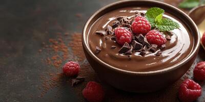 Delicious chocolate mousse topped with fresh raspberries and mint in a rustic bowl photo