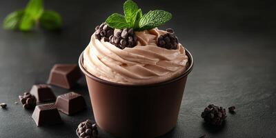 Decadent chocolate mousse topped with mint and dark chocolate on a dark surface photo