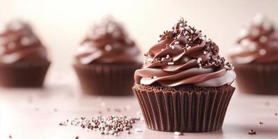 Beautiful chocolate cupcakes with swirls of frosting and sprinkles on a soft background photo