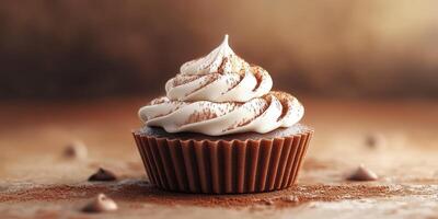 Delicious chocolate cupcake topped with creamy frosting and cocoa powder in warm lighting photo