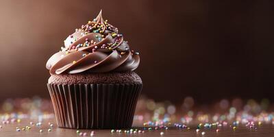 Chocolate cupcake topped with creamy frosting and colorful sprinkles on a wooden table photo