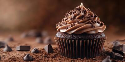 Freshly baked chocolate cupcake topped with rich chocolate frosting and chocolate shavings on a cocoa dusted surface photo
